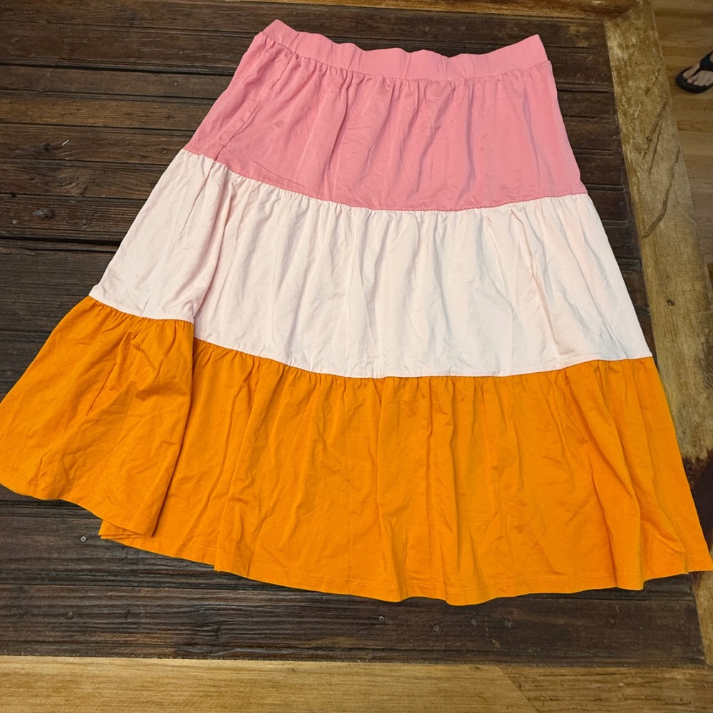 Lands End Womens 1X Colorblock Tiered Midi Skirt Pink Orange Cotton Modal NEW - Picture 3 of 9